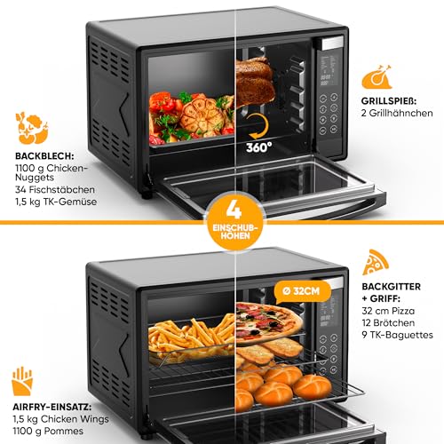 Foto von Stillstern Minibackofen mit Umluft 45L (DE Vers) Pizza Ø32, CYCLONE PRO+ Antihaftbesch, 13 Prog, Auftauen&Warmhalten, 8h Timer, Camping Mini Backofen mit Umluft Pizzaofen Mini Ofen klein Hähnchengrill