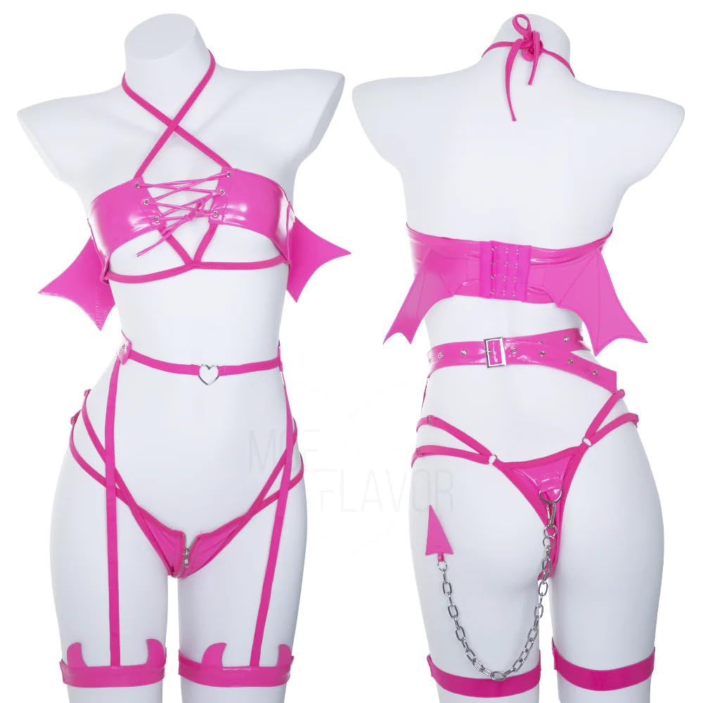 MOEFLAVOR Hell Rider Succubus Cosplay Lingerie | Sexy Kawaii Anime Bikini w/Devil Wings & Tail | Reg & Plus Size: Pink 2XL/3XL