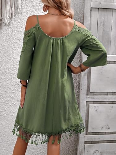 Image of WDIRARA Women's Contrast Lace Cold Shoulder Scoop Neck Fringe Hem Short Dress