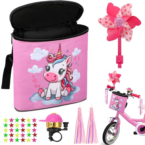 COZCLAM Lenkertasche Kinder Laufrad Lenkertasche Fahrrad Kinder mit Klingel Windrad Lenker-Luftschlangen & Kinderfahrrad Speichen für Kinderfahrräder Laufräder Scooter (Rosa)