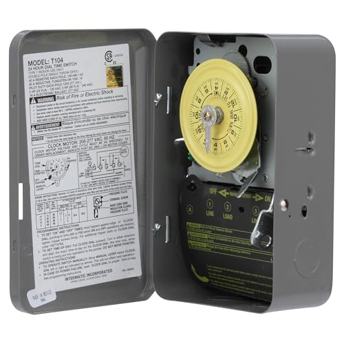 Image of Intermatic T104 24-Hour Mechanical Timer Switch - 208-277 VAC, DPST, Indoor Metal Enclosure, Heavy-Duty, Manual Override, 40 Amp - Ideal for Lights, Pumps, Fans, and HVAC Systems (Pack of 3)