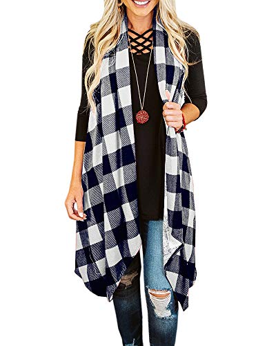 Ivay Womens Plaid Open Front Sweaters Sleeveless Duster Cardigans Drape Lightweight Vest Coat with Pockets
