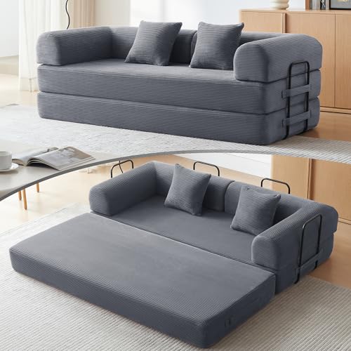 QQR Sofa Bed, Corduroy Sleeper Sofa Bed with Fixed Frame, Floor Sofa Lounge with Pillow, Convertible Folding Mattress Couch for Living Room, Bedroom, Lounge, Studio (Dark Grey)