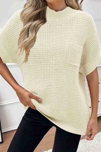 Image of Women 2026 Sweater Vest Mock Neck Batwing Short Sleeve Oversized Ribbed Knit Tops Fall Pullover Sweater S-XXL