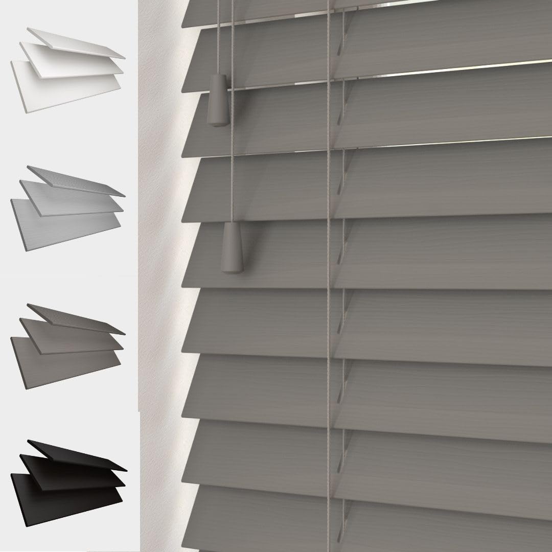 Dark Grey Faux Wood Venetian Blind 50Mm Slats Wood Grain Pattern Strings 120Cm Width X 200Cm Length