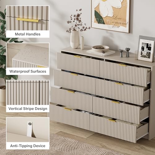 Image of Furniway Beige Dresser for Bedroom, Modern Dresser with 8 Drawers and Smooth Slides, Wide Chest of Drawers with Golden Handles for Bedroom, Closet, 15.7 inch D x 55 inch W x 37.4 inch H