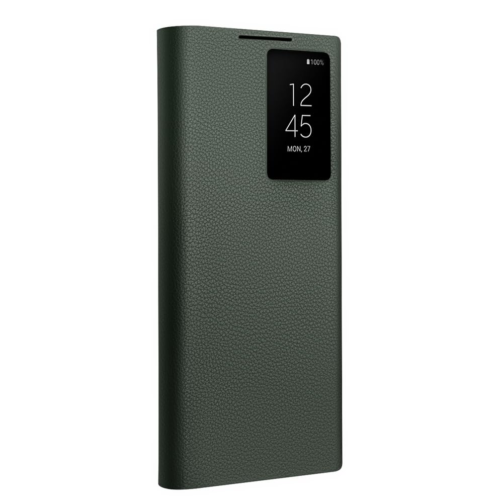 Genuine Leather Smart Case for Samsung Galaxy S23 Ultra - Light Phone Cover with Smart View - Green