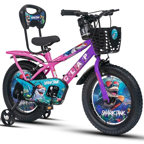 Image of Shark Tank 16T Kids Bicycle for Boys & Girls with Inbuilt Carrier, Front Basket, PU Soft Seat, Full Chain Cover & Stylish Wheelcards (Purple /Pink)