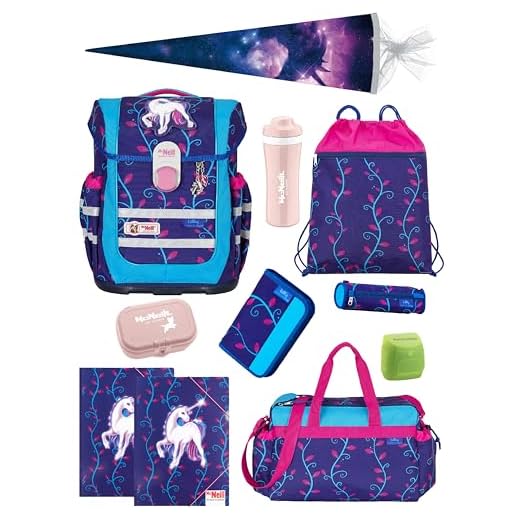 Familando - McNeill Ergo Complete Schulranzen Set - 12-teilig - Lilly Einhorn/Unicorn - Ergonomisch & 3-Fach verstellbar - 1150g leicht mit 20L Volumen & Reflektoren - Für Grundschule ab 1. Klasse