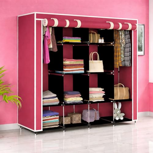 Image of 12-Shelf Collapsible Wardrobe - Portable Foldable Maroon Almirah with Plastic Frame, Fancy Layer Rack for Clothes Organizer (Model 88370)