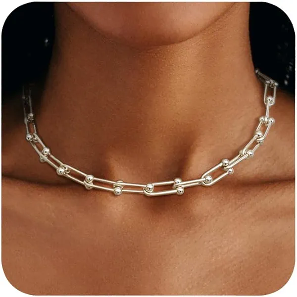 DAILI Choker Necklace for Women Men Trendy | Sterling Silver Plated Necklace 14K Gold Plated Chunky Necklaces Thick Cuban Link Chain Hypoallergenic Statement Paperclip Necklace Punk Fashion Jewelry