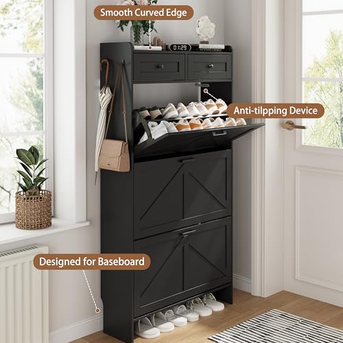 Image of Shoe Cabinet with 3 Flip Drawers & 2 Top Drawers, 57 inch Tall Freestanding Narrow Wooden Shoe Storage Organizer for Entryway, Hidden Slim Shoe Rack for Front Door Entrance, Hallway, Living Room, Black