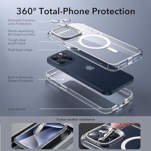 【デザイン受賞・両面保護】ESR iPhone 15 Pro Max ケース スタンド付き 全面耐衝撃 MagSafe対応 米軍MIL規格超えの保護 いphone15promaxケース 強いマグネット 黄ばみ防止 超クリアPC背面 傷防止 落下防止 Armorシリーズ（クリア）