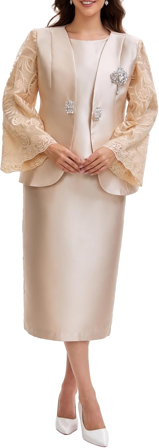 Womens 3 Piece Church Suit Set with Rhinestone Brooch Elegant Mother of The Bride Dress Lace Long Sleeve Wedding Guest Outfit