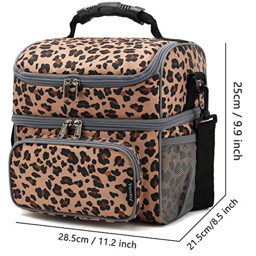 Flowfly Double Layer Cooler Insulated Lunch Bag Adult Lunch Box Large Tote Bag For Men, Women, With Adjustable Strap,Front Pocket And Dual Large Mesh Side Pockets,Leopard #TOP2