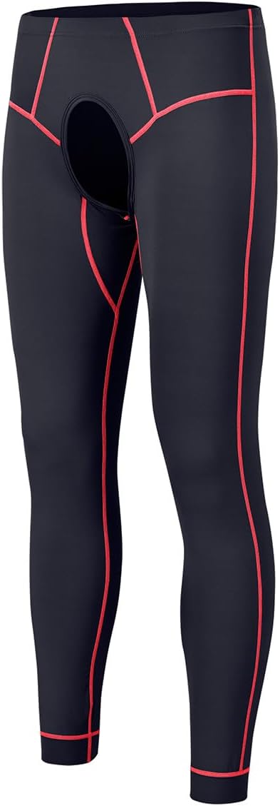 JINSHI Mens Open Front Underwear Men Thermal Long Underwear Bottoms Compression Tights Pants Leggings for Male Black M