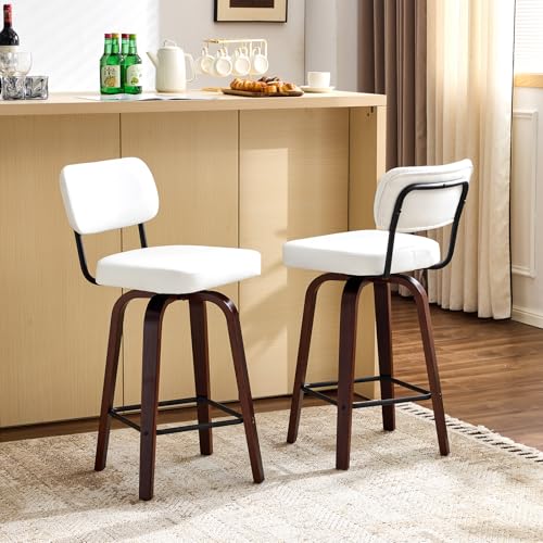 VINGLI Butaco Moderno para Bar, Giratorio 360°, Tapizado en Cuero Sintético PU, Patas de Madera Sólida, Blanco, Pack de 2