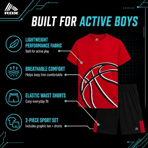 Image of RBX Boys Athletic Shorts Set - 2 Piece Active Performance Graphic Tees and Mesh Gym Shorts for Boys With Elastic Waistband