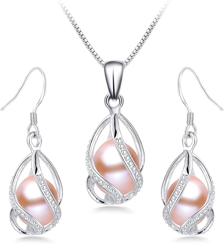 Pearl Jewelry Set For Women S925 Sterling Silver/14K Gold Plated Necklace & Earrings Set Freshwater Pearl Pendant Cage Set for Wedding Anniversary Prom Birthday Gift