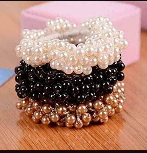 AB Beauty HousePearl Elastics Hair Ties Ring Rope Scrunchie Hair Bands Ponytail Holder for Women & Girls Hair Accessories Silver & Coper Color (Pack of 2)