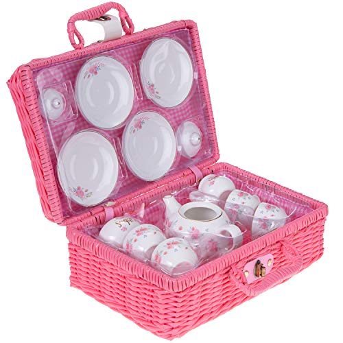 Jewelkeeper - Porzellan Teeservice für kleine Mädchen mit rosa Picknick-Korb, Kindergeschirr Spielküche, 13-teilig… – Bild 4