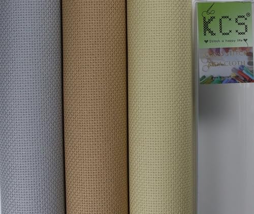 Image of KCS 3 pc of 15 inch x 18 inch(38cmx45cm) Counted Cross Stitch Cotton Aida Cloth Needlework Rolled Fabric Box,14CT,Light Grey+Khaki+Yellow Beige