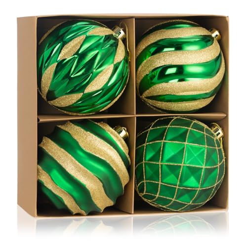 6" Green and Gold Christmas Ball Ornaments Set, 4 Pcs Extra Large Xmas Tree Decoration, Oversized Shatterproof Luxury Decorative Hanging Ornament Bulk for Party Holiday Wreath Garland Home Décor