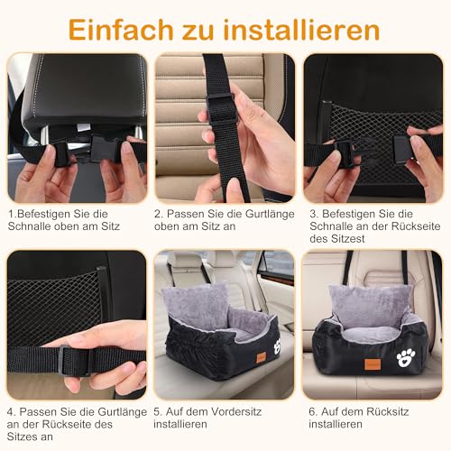 Hunde Autositz, 55x30x30cm, 1 Ansteckbare, Verstellbare Sicherheitsleinen, Auto-Hundebett für kleine Hunde, komplett Abnehmbarer und Waschbarer Autositz für Haustiere mit 2 Aufbewahrungs