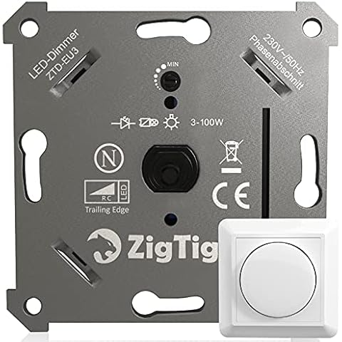 Zigtiger LED Dimmer Schalter, Drehdimmer Unterputz Dimmschalter geeignet für Dimmbare LEDs und Halogen 3-100 W, Ohne Klemmkrallen, Phasenabschnitt, 3 Jahre Garantie, weiße Platten Cover