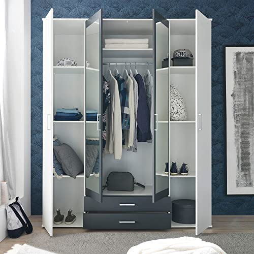 Stella Trading HANAU Kleiderschrank mit Spiegeltür in Weiß, Graphit - Vielseitiger Drehtürenschrank 4-türig für Ihr Schlafzimmer - 160 x 196 x 54 cm (B/H/T)