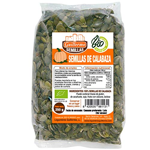 Guillermo | Pipas de calabaza BIO - Paquete 250 g. | 100% ecológicas | Semillas de calabaza | Superalimento | Gran cantidad de minerales