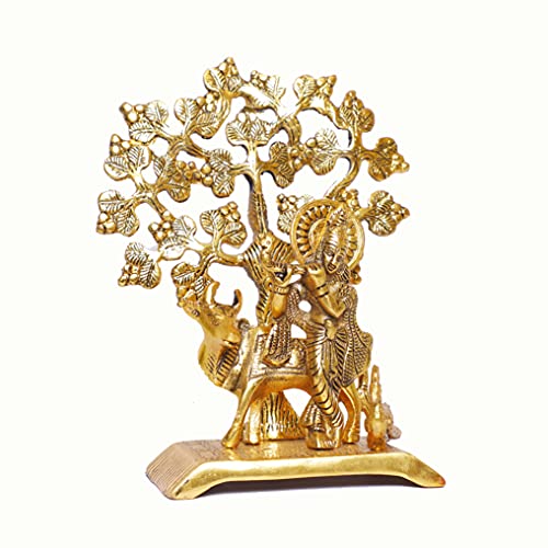 Image of KridayKraft Metal Krishna Idol Statue with kamdhenu Cow Standing Under Tree Showpiece Figurine for Pooja Room & Gift,Decorative Religious Statue for Home,Office & Table...