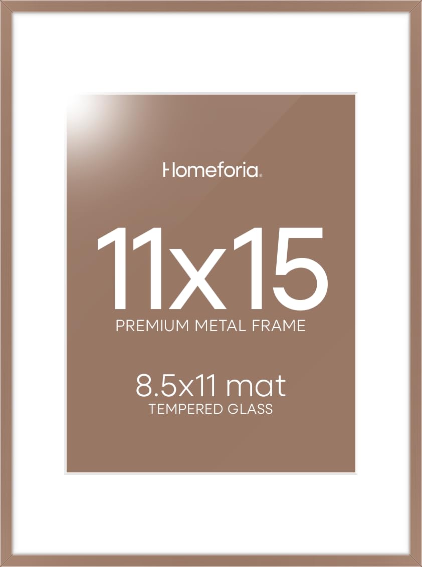 Homeforia 11x15 Mocha Picture Frame, High-End Metal, 8.5x11 Mat, Glass | High End Aluminum, Tempered Glass, Acid-Free 8.5x11 Removable Mat, 11x15 in Edge-to-Edge Display 15x11, Wall Kit, Set Of 1