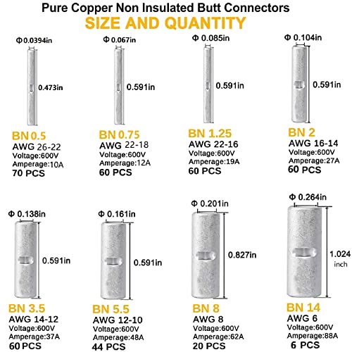 Svaar 380Pcs Non-Insulated Butt Connectors Kit Butt Splice Wire Connectors,Wire Butt Crimp Connectors,24-22/22-16/16-14/14-12/12-10/ 6Awg 8 Gauge Uninsulated Butt Terminals For Electrical Splice Diy. #TOP1