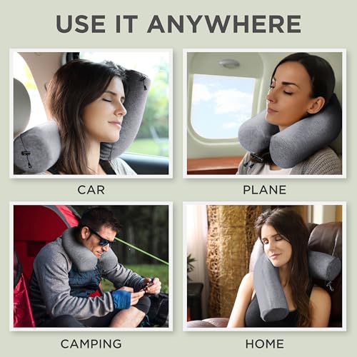 Image of Dot&Dot Twist Memory Foam Travel Pillow for Airplanes - Travel Neck Pillow for Sleeping - Airplane Pillow for Neck Support, Chin, Lumbar and Leg - Adjustable, Bendable Neck Roll Pillow - Gray