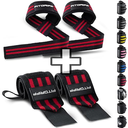 Fitgriff® Lifting Straps & Wrist Wraps (Bundle) Superior Support for Weightlifting & Gym Workouts - for Men and Women (Black/Red)