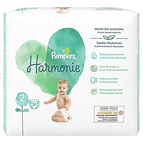Pampers Harmonie - Pañales para bebé, tamaño 2, 24 unidades, con algodón premium y materiales de base vegetal (4-8 kg)