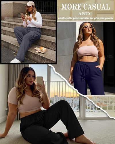 Neer 3 Pack Women's Plus Size Sweatpants Wide Leg High Waist Drawstring Yoga Lounge Joggers Open Bottom Pants with Pockets4