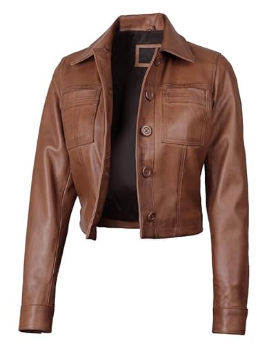Decrum Women Cropped Jacket - Brown Leather Jacket Women | [1329313] Mble Cognac, M
