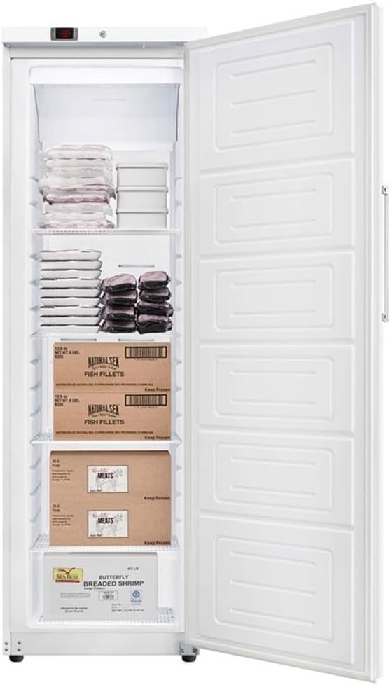 Pemberly Row 23" Commercial Auto-Defrost Reach-in Freezer, 12 cu. ft., Digital Temperature Control, Adjustable Shelves, Key Lock, Freestanding in White, Ideal for Kitchen or Food Storage