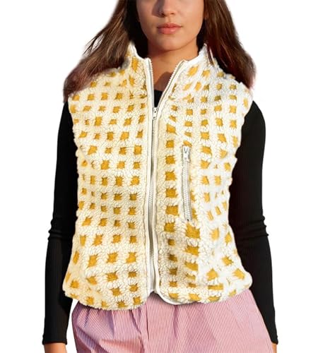 Colorful world Womens Checkered Sherpa Vest Fleece Jacket Lightweight Zip Up Sleeveless Crochet Plaid Gilet with Pocket