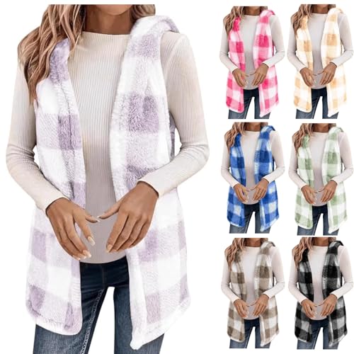 Womens Fleece Vest Checkered Long Sherpa Vest Fall Hooded Furry Coat Flannel Sleeveless Cardigan Sweater