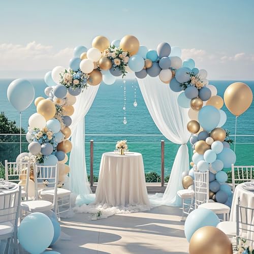 Image of Dusty Blue Metallic Champagne Gold Balloon Set 12 Inches,70 Pcs Blue White Metallic Champagne Gold Latex Balloons,Baby Blue Gold Party Balloons for Birthday