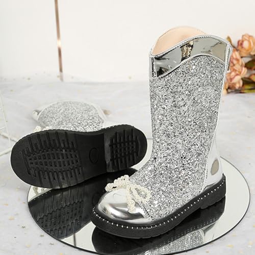 Girls Fashion Glitter Riding Boots Chunky Heel Sequin Mid Calf Boots With Bow Comfortable Non Slip Winter Shoes4