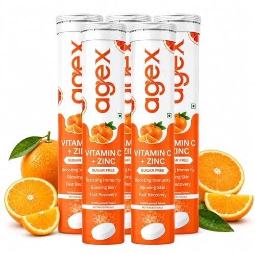 Image of Vitamin C + Zinc Effervescent Tablets | 1000mg Natural Amla Extract | Immunity Booster for Skin, Hair & Nails | Supports Collagen, Hydration & Energy | Orange Flavour Sugar-Free | 100 Tablets (Pack of 5)
