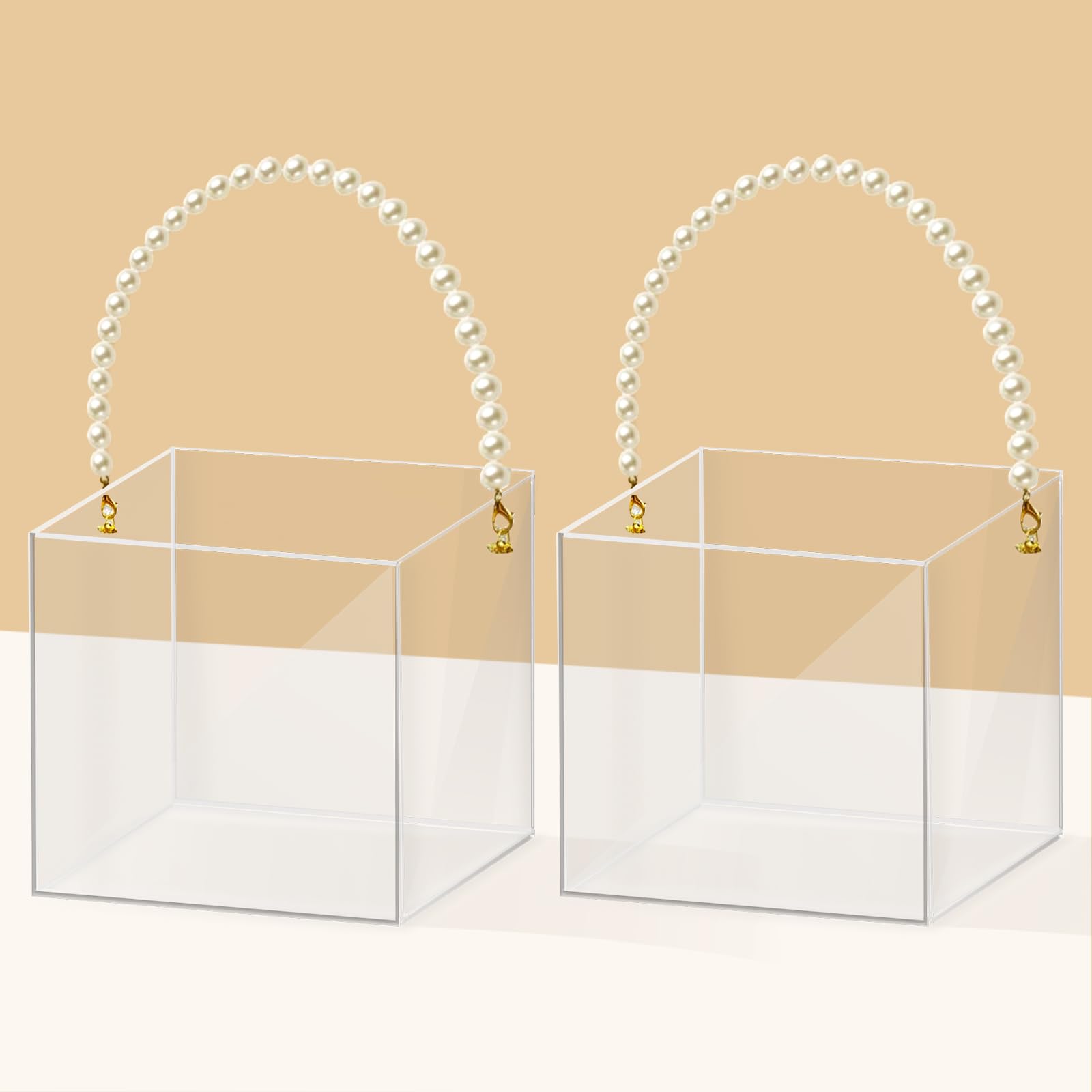 Set di 2 cestini per fiori, per matrimonio, con manico in perla, in acrilico, per coriandoli, decorazione per matrimoni (perla)