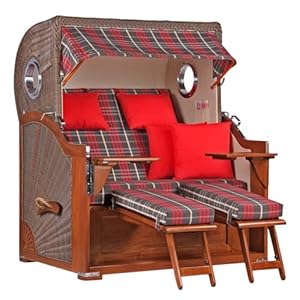 MR. DEKO® Strandkorb Baltikum 2, 5-Sitzer Mahagoni | PE Geflecht Grey | Volllieger mit Bullaugen | je 2 Fußablagen, Kissen und Nackenkissen | Strandstuhl aus Mahagoniholz (Dessin 529)