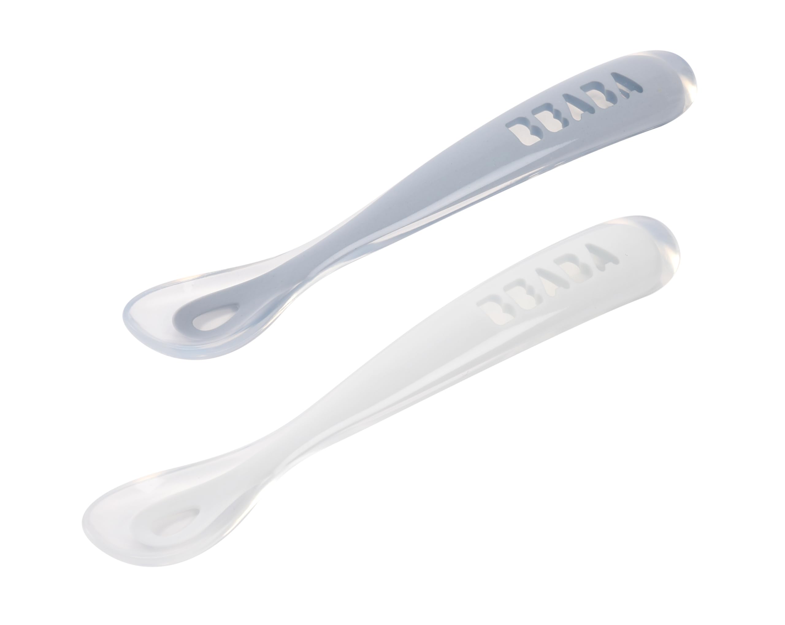 BÉABA Cucharas de Aprendizaje para Bebe, Silicona Suave, Juego de 2, Con estuche para guardarlas, Primera Edad, Ergonómica, Azul