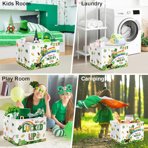 Image of Clastyle Lucky Clovers Saint Patrick's Day Baby Gift Basket Collapsible Rectangle Gold Coin Kid Toy Storage Box Rainbow Plaid Clothes Book Shelf Basket, 36L White