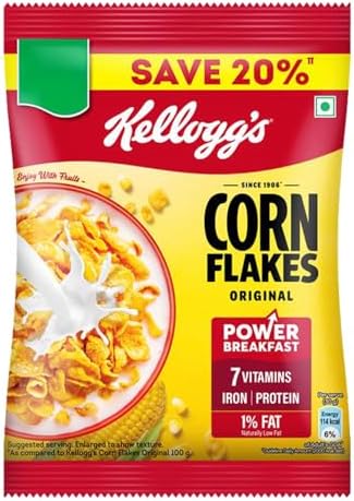 Kellogg's Corn Flakes Original | Power of 5: Energy, Protein, Iron, Calcium, Vitamins B1, B2, B3 & C | Corn Flakes, Breakfast Cereal | Naturally Cholestrol Free ,56Gm/60Gm(Weight may vary)